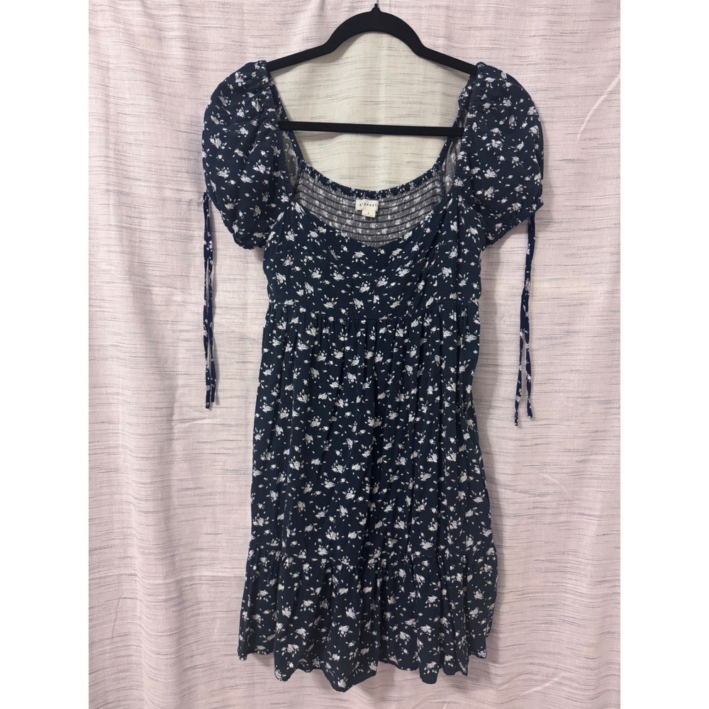 Aeropostale Navy Blue Floral Puff Sleeve Smocked Back Mini Dress Small